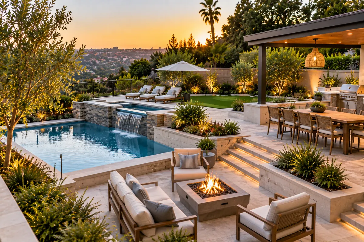 Backyard grade change with level space for an outdoor gathering area