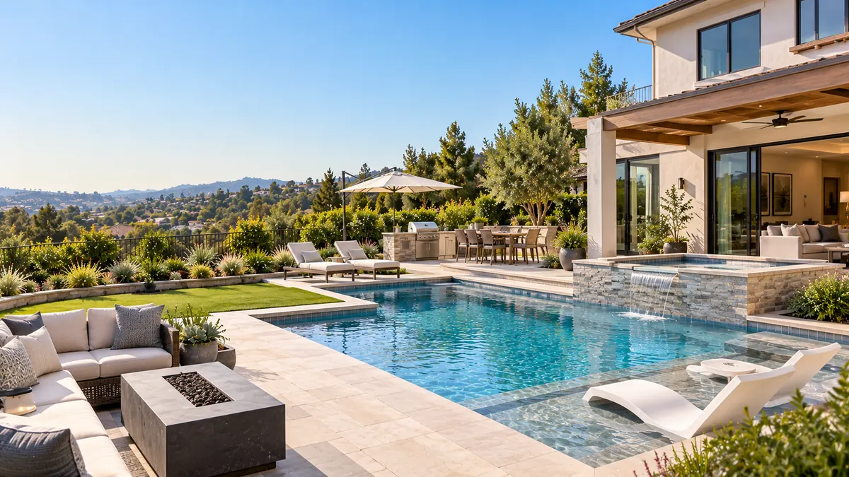 Custom pool design integrated with deck and landscaping