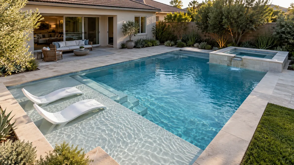 Custom pool with attached spa and shallow tanning ledge