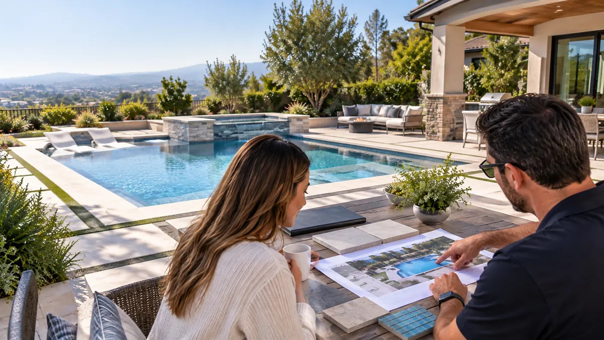 Custom pool with spa and tanning ledge planned within a balanced backyard