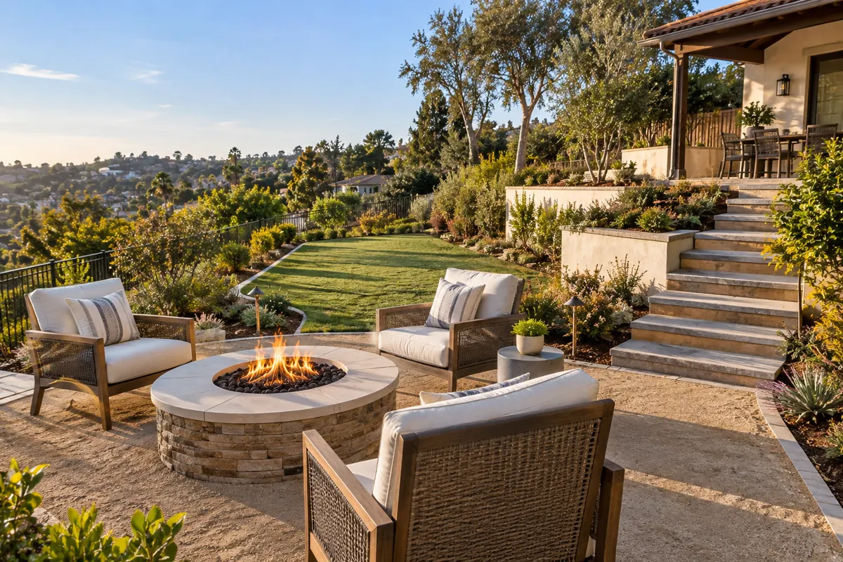 Fire pit on a level patio within a terraced hillside yard
