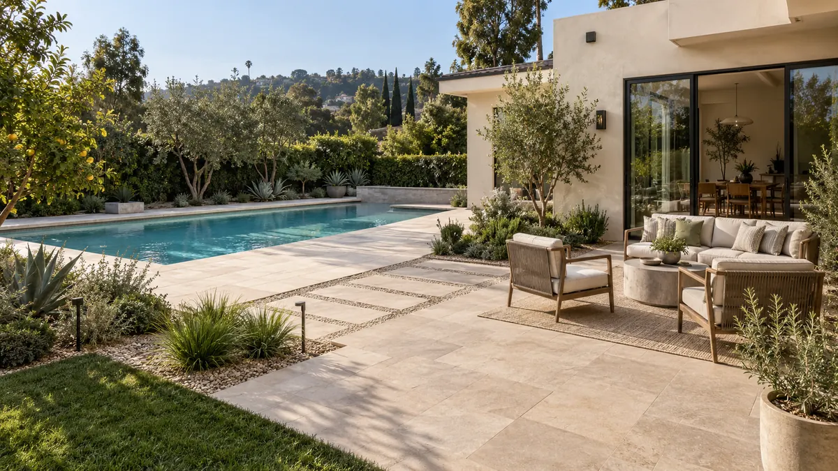 Hardscape connecting a pool with a separate patio area