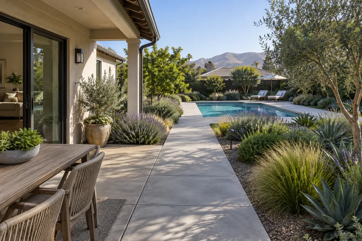 Hardscape walkway connecting a home with a pool