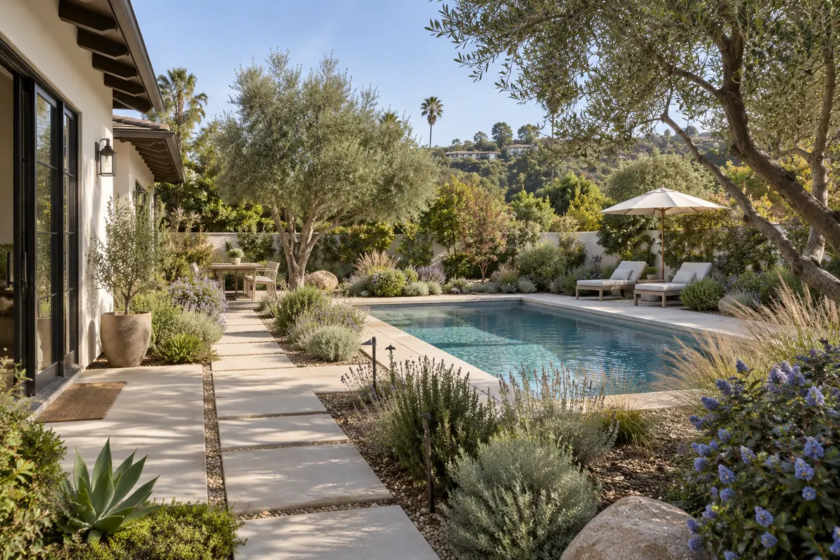 Hardscaping balanced with landscape planting around a pool