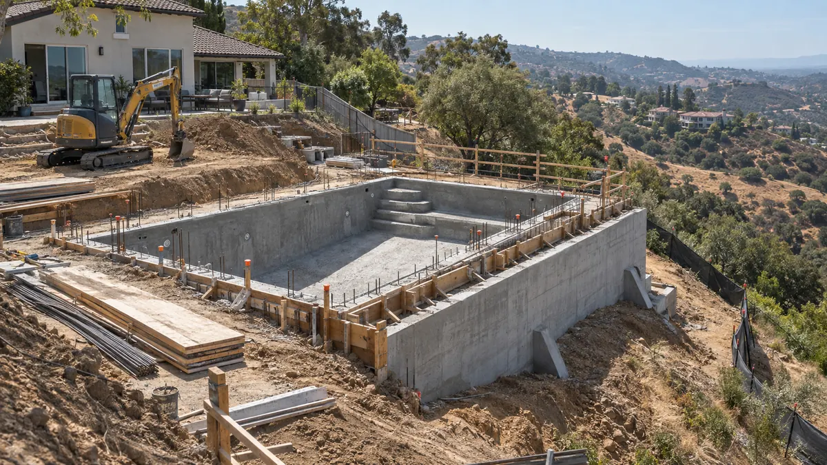 Hillside pool construction on a sloped residential property