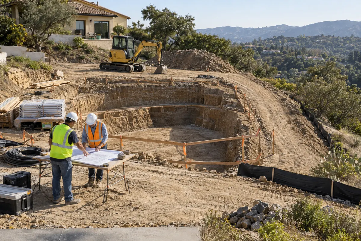 Hillside pool excavation on a sloped property