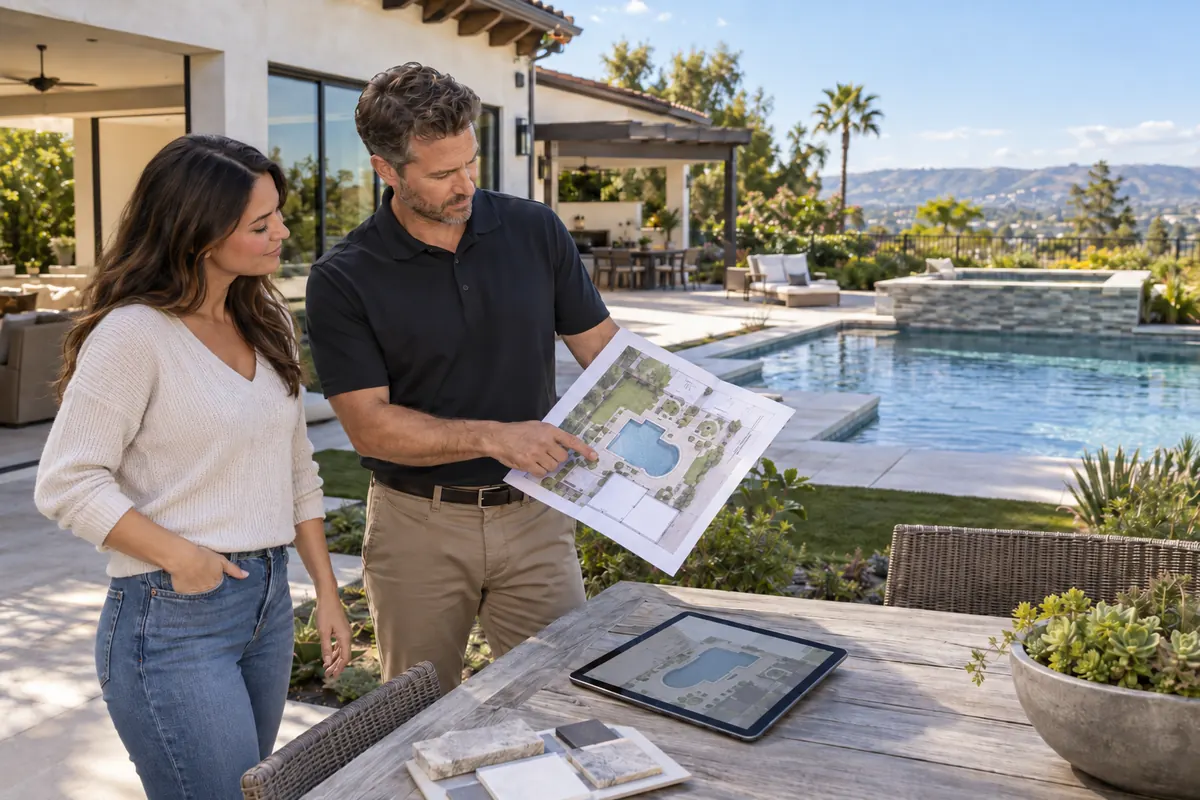Homeowner reviewing a custom pool layout for a residential backyard