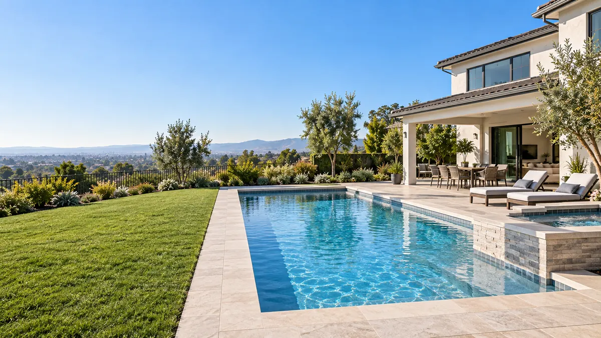 In-ground pool with deck and landscaped backyard