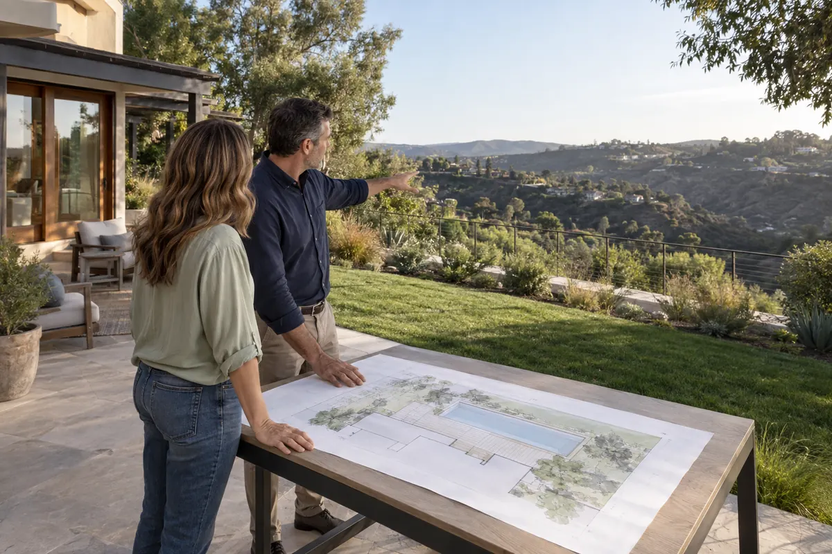Infinity pool design being planned around a residential view