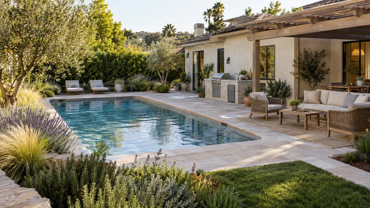 Landscaped pool and outdoor living area at a residential property