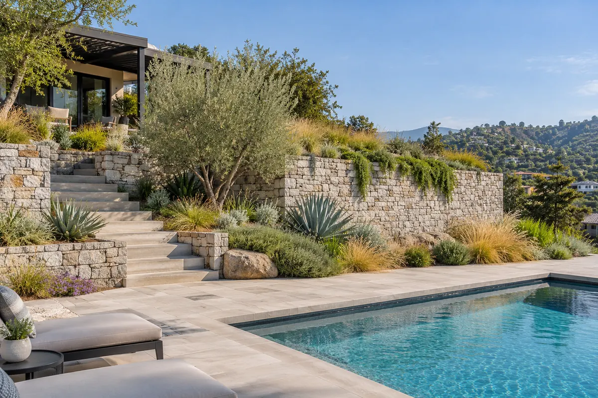 Landscaping integrated around a residential retaining wall