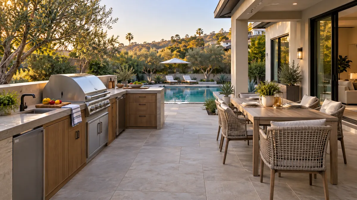 Outdoor cooking and gathering area beside a Southern California pool