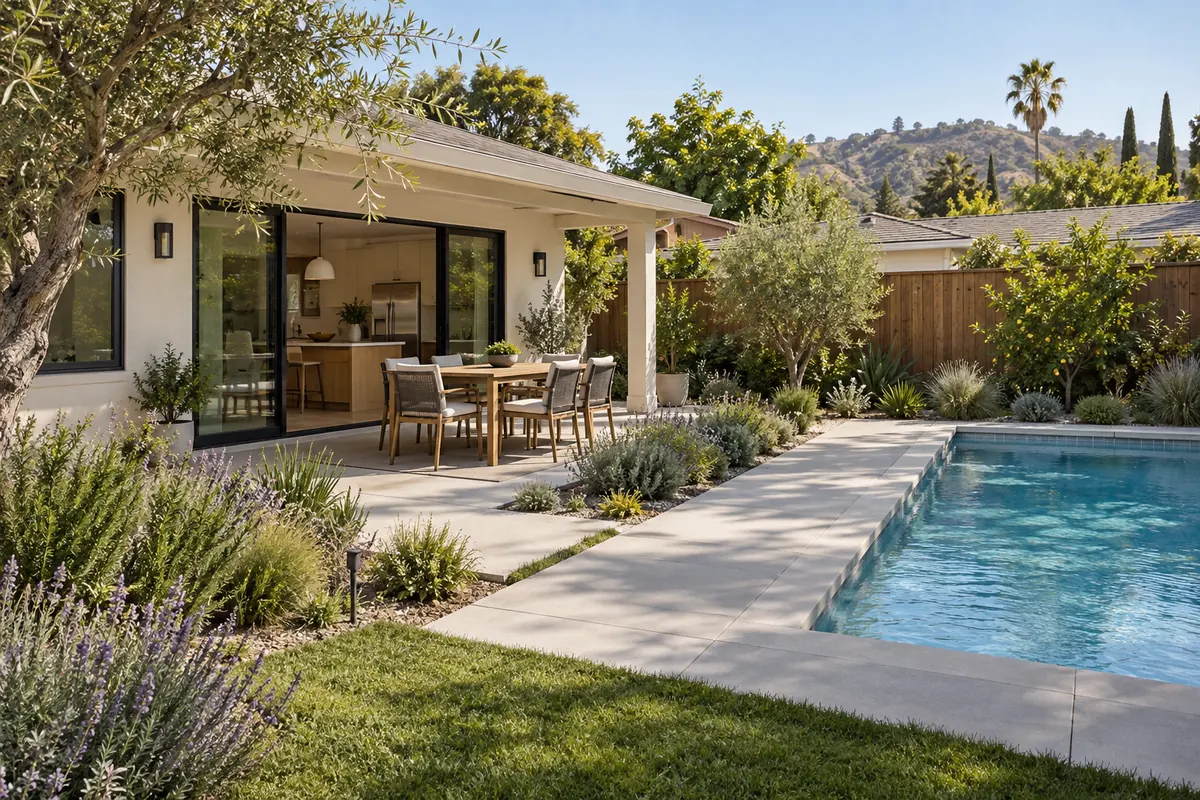 Outdoor dining area positioned near a residential swimming pool