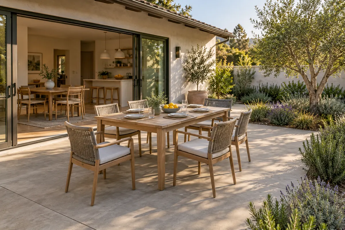 Outdoor dining patio with comfortable circulation space