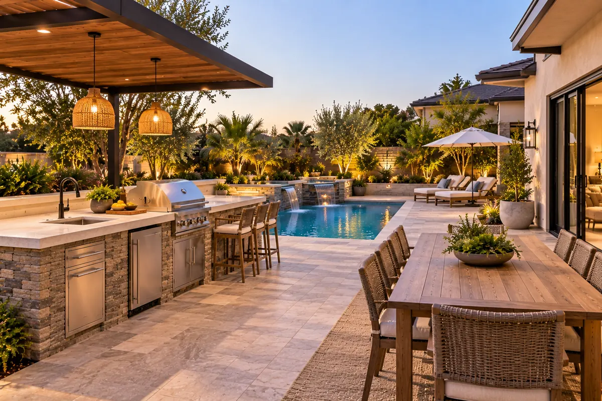 Outdoor kitchen and dining table beside a backyard pool