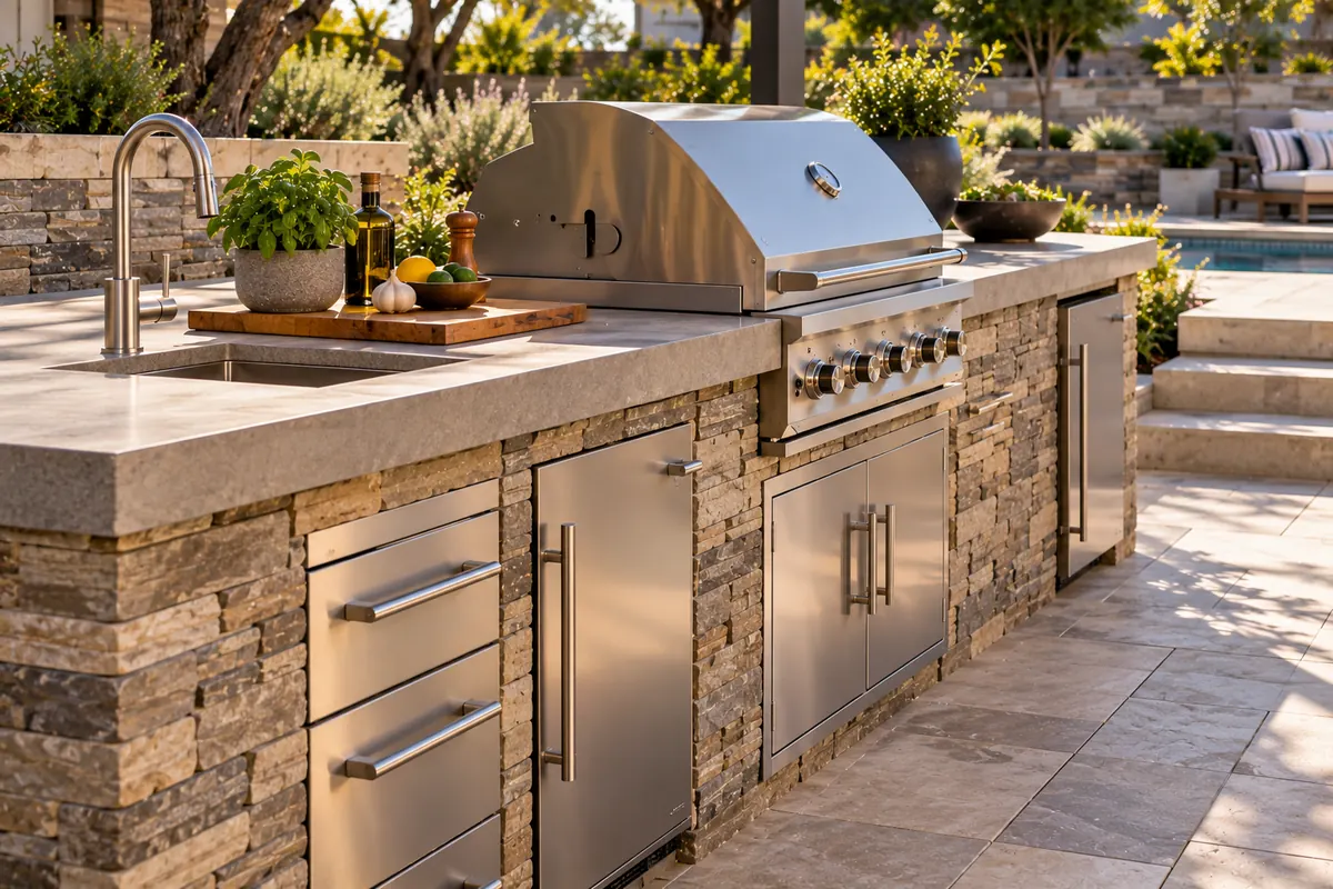 Outdoor kitchen counter and grill surround beside patio paving