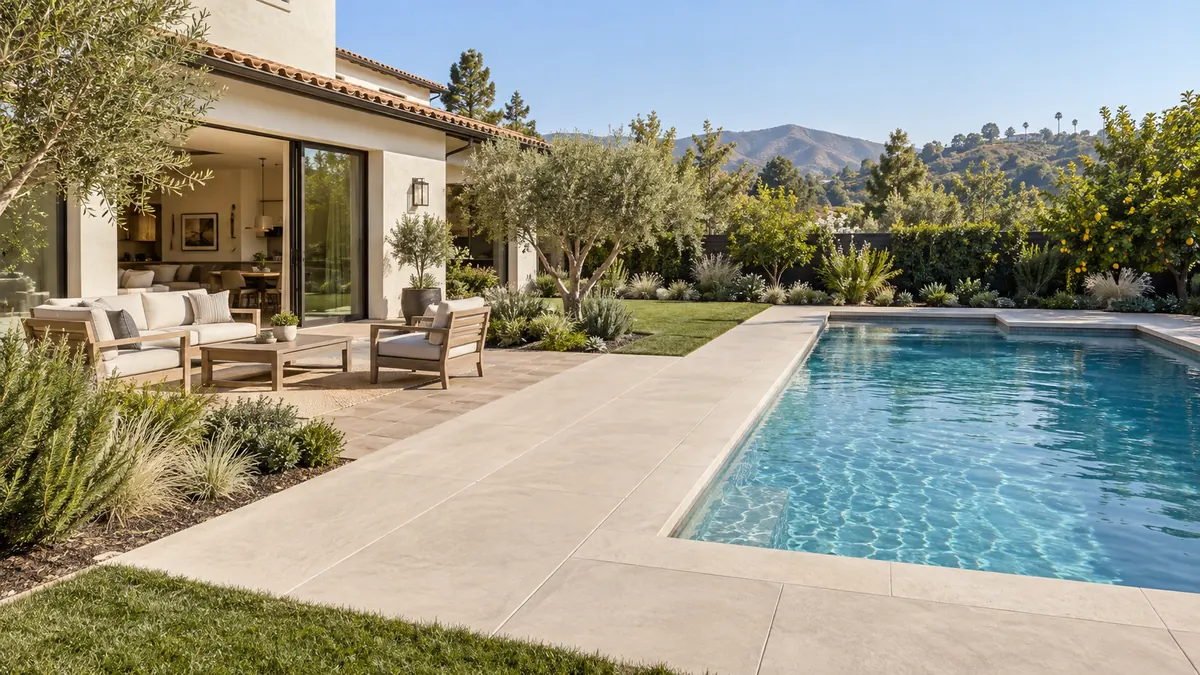 Patio seating area positioned beside a residential swimming pool