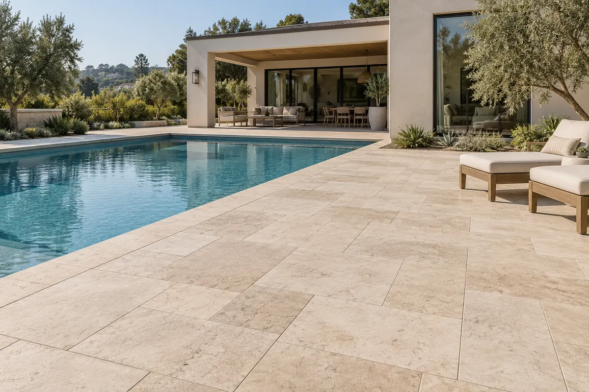 Paver and natural stone style pool deck at a residential pool
