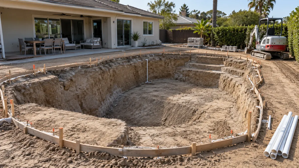 Pool construction site prepared through excavation for a new residential swimming pool