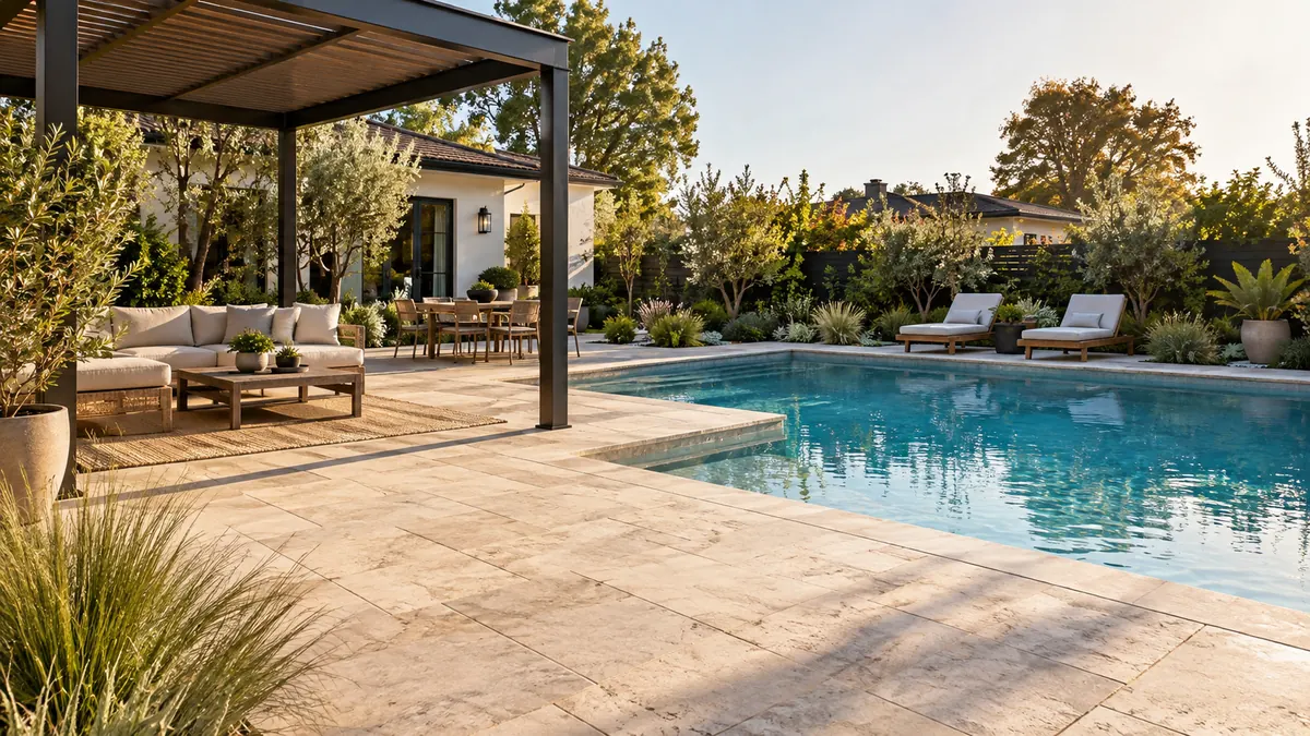 Pool deck and outdoor living area around a custom swimming pool