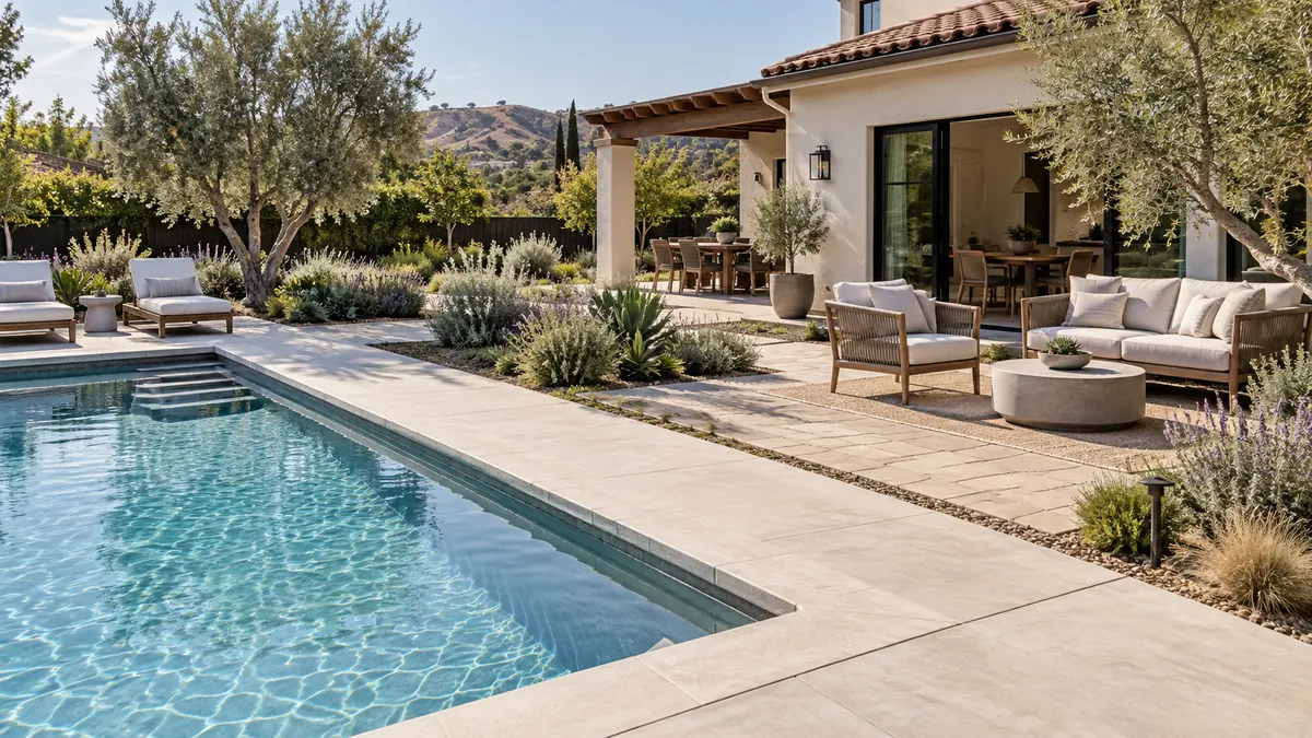 Pool deck connected to patio seating and landscaping