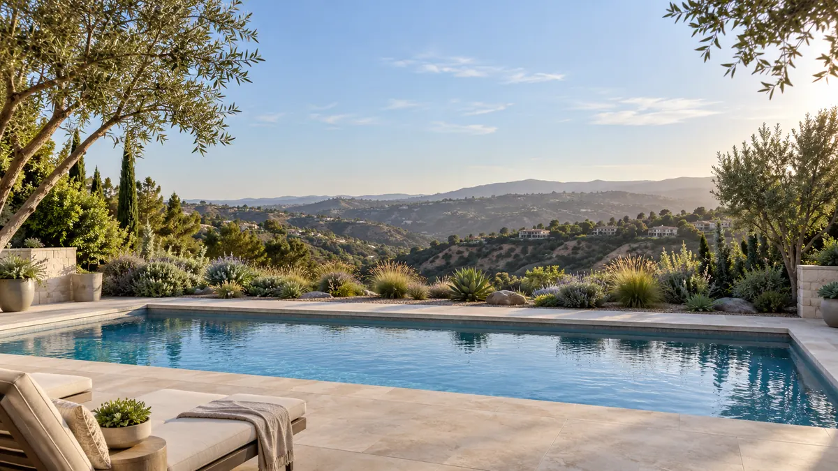 Pool landscaping that preserves a hillside view