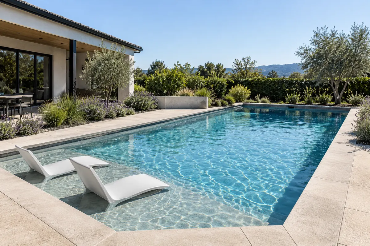 Pool sun shelf with shallow-water seating area