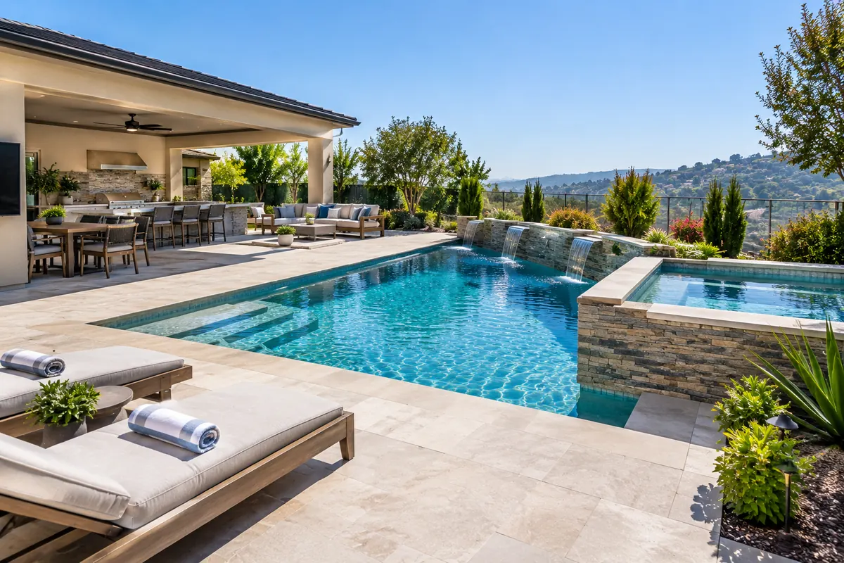 Pool with a raised spa and lounge chairs on a stone deck