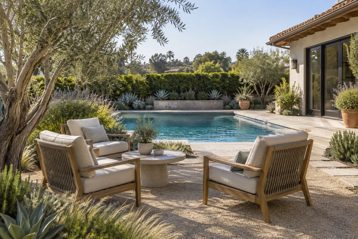 Quiet outdoor seating area overlooking a residential pool
