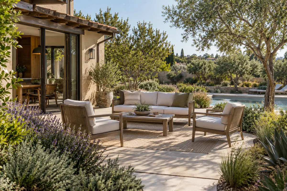 Residential patio integrated with landscaping