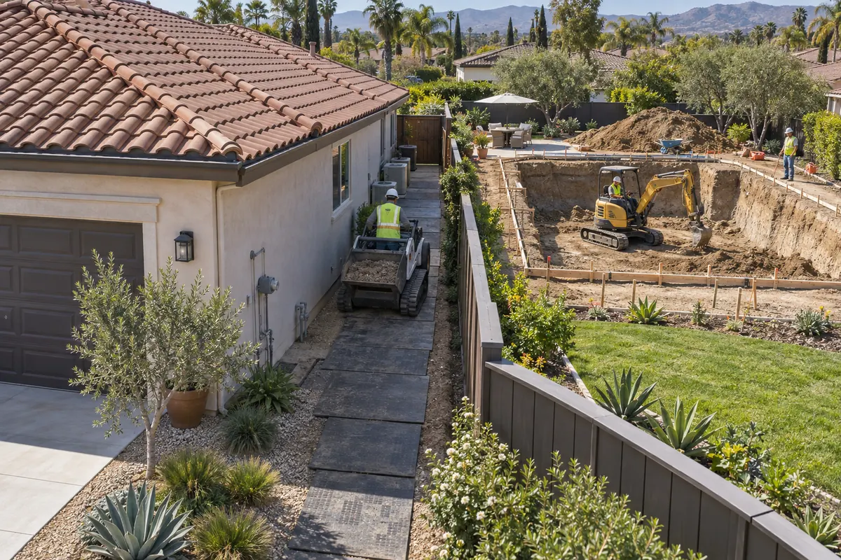 Residential pool excavation with limited backyard access