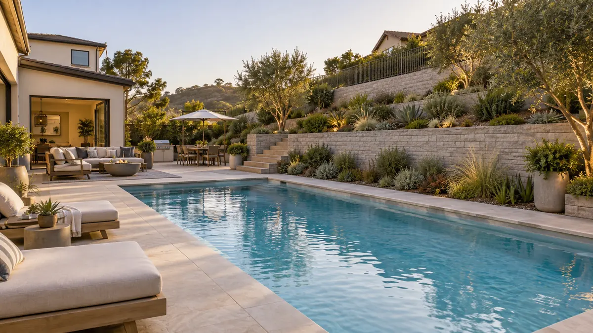 Retaining wall beside a pool deck on a sloped residential property