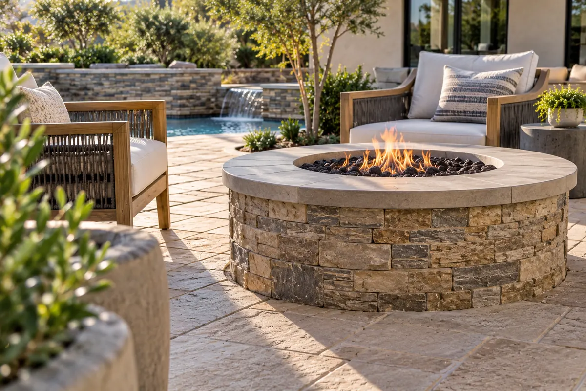 Stone fire pit finish beside matching patio paving and planting