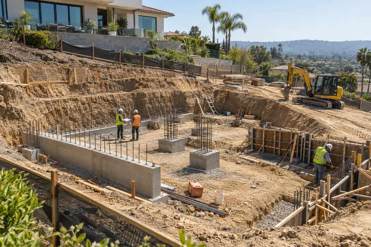 Structural foundation work for a hillside pool project