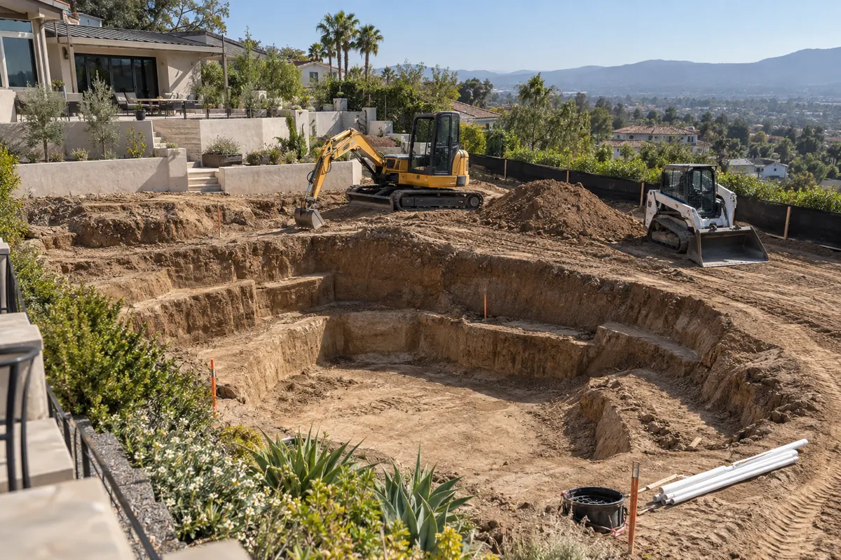 Swimming pool excavation on a sloped residential property