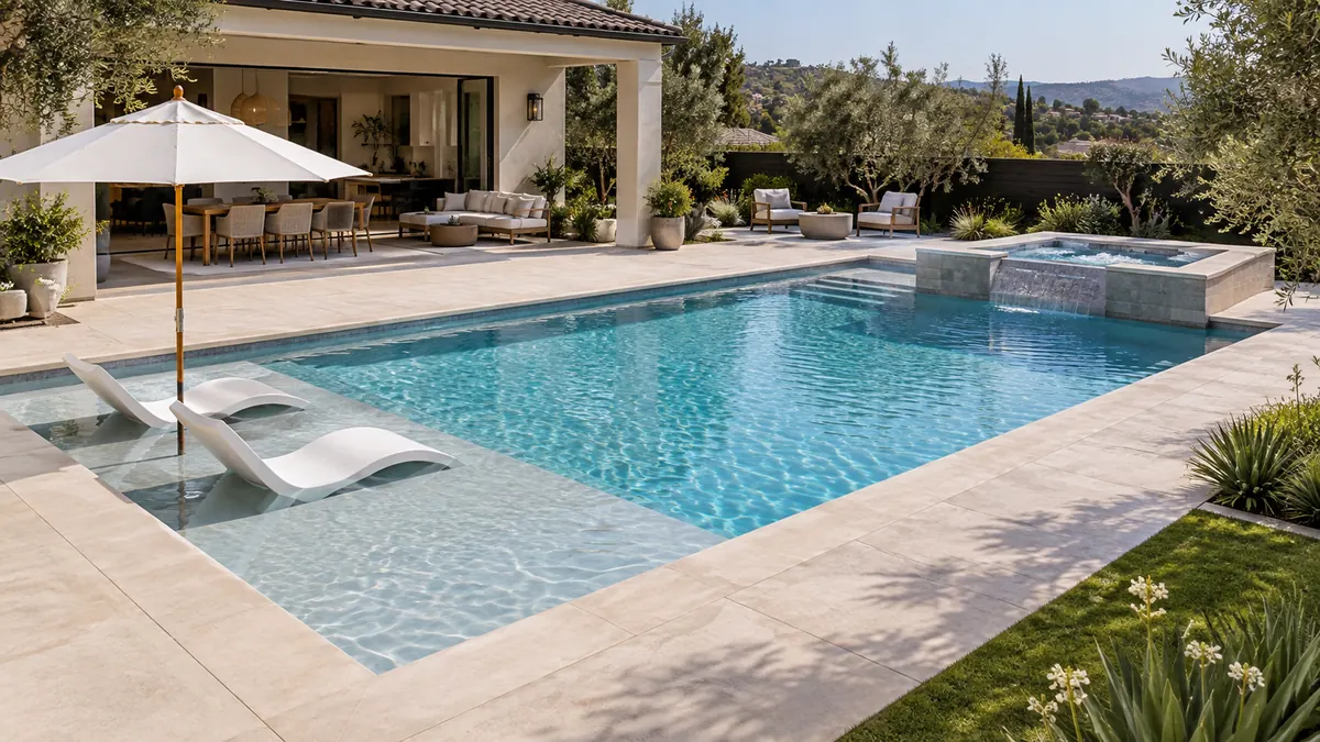 Swimming pool with tanning ledge and integrated spa