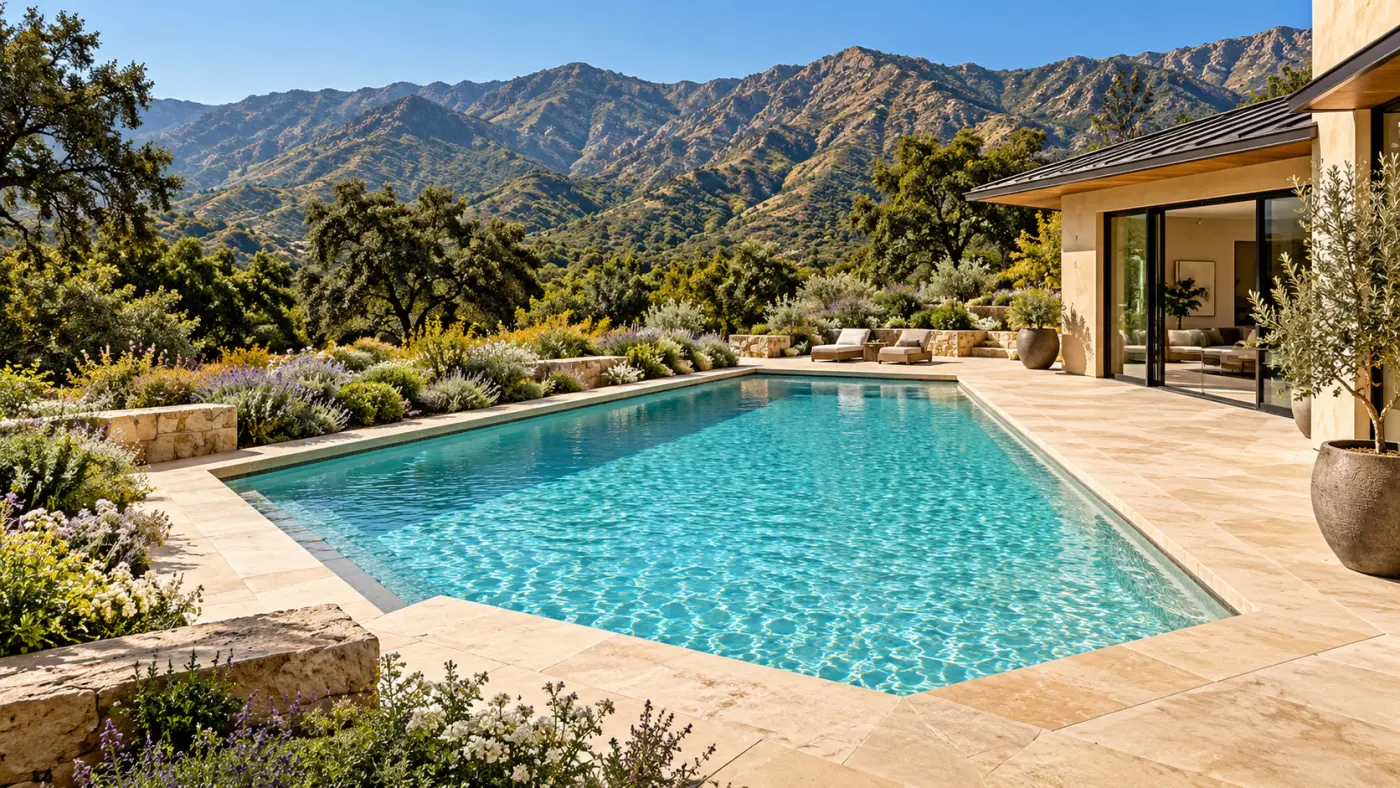 Custom inground swimming pool beside a modern home with terraced landscaping and an elevated patio, illustrating luxury pool design in Altadena, CA.