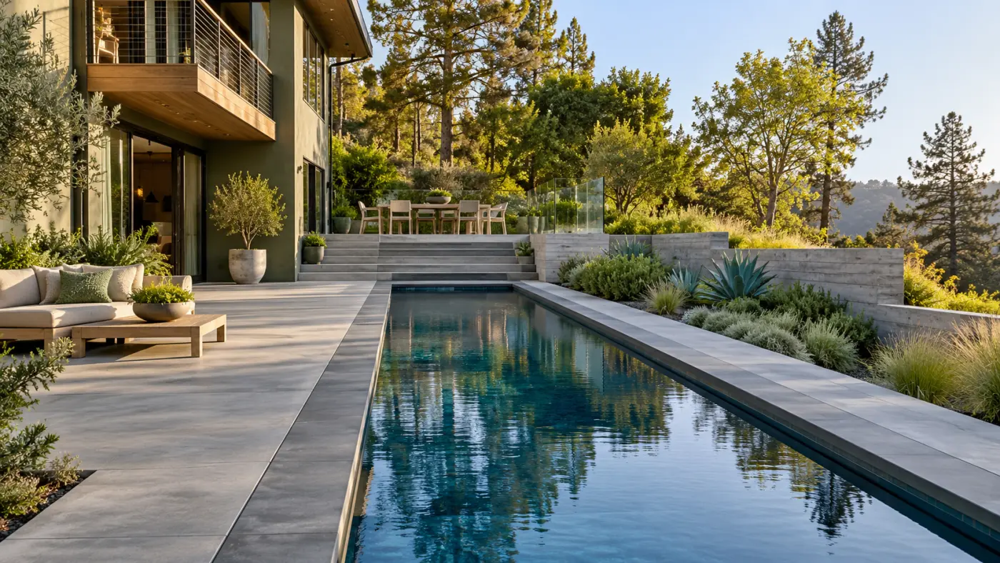 Modern backyard swimming pool surrounded by terraced landscaping, highlighting pool design considerations for Altadena's foothill properties.