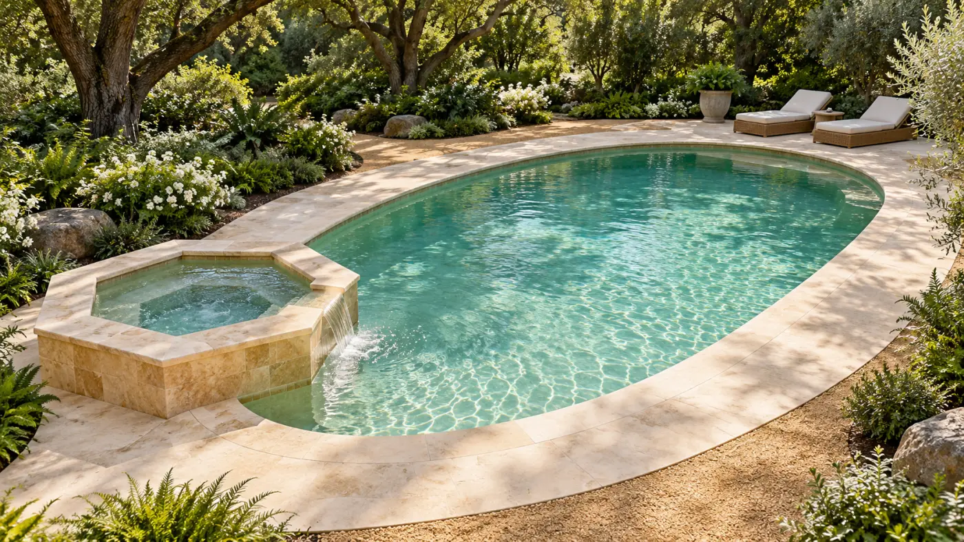 Narrow rectangular swimming pool with landscaped terraces and outdoor dining space, showcasing custom inground pool construction for Altadena homes.
