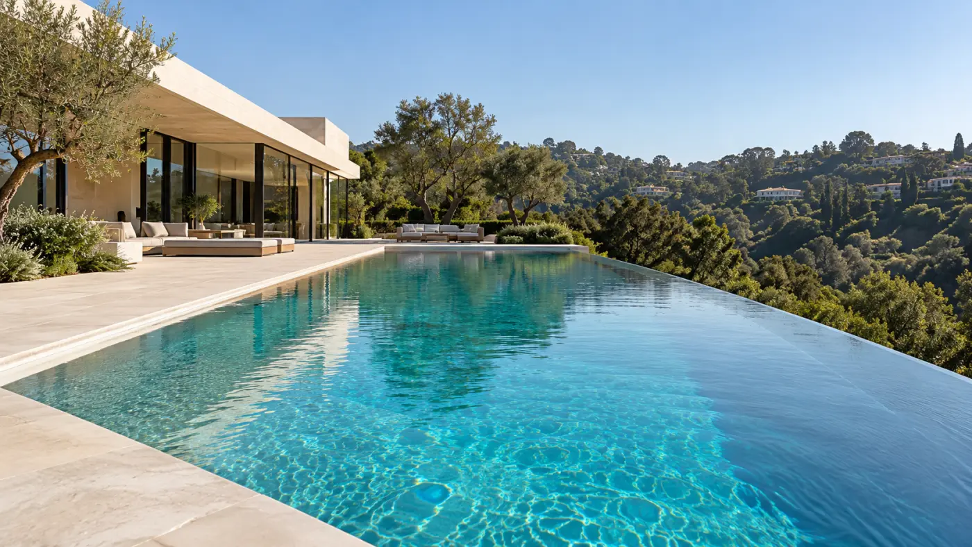 Luxury infinity pool with turquoise water overlooking scenic hills beside a modern home in Bel Air, Los Angeles.