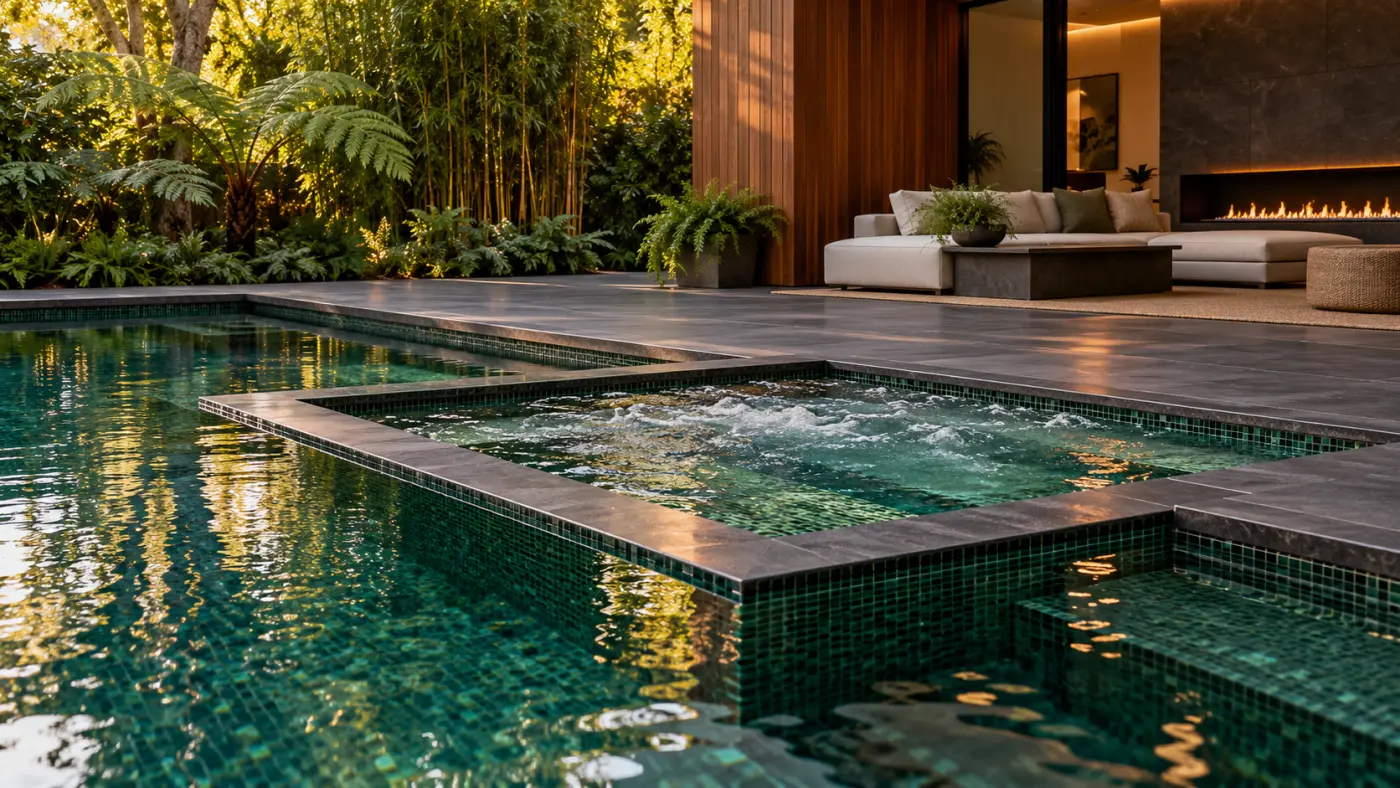 Luxury swimming pool with integrated raised spa, green mosaic tiles, and modern outdoor lounge with fireplace in Bel Air, Los Angeles.