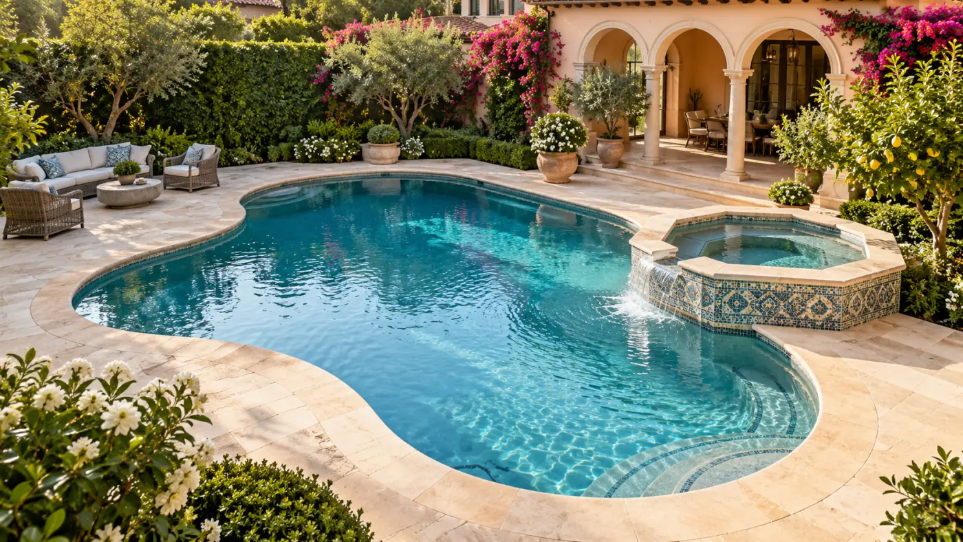 Curved swimming pool with an octagonal tiled spa, natural stone decking, and Mediterranean-style courtyard landscaping, illustrating custom pool and spa design.