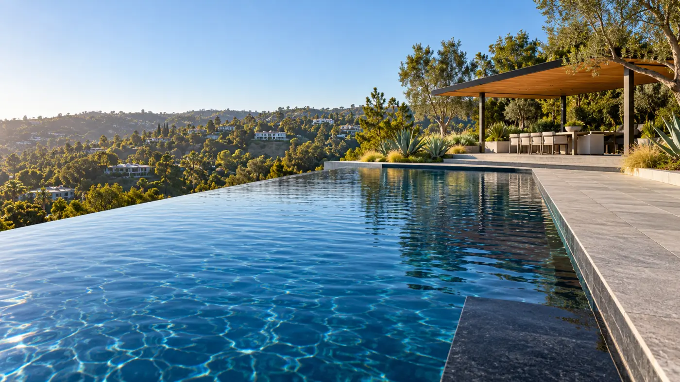 Hillside infinity swimming pool with stone decking and a covered outdoor dining pavilion overlooking a green residential canyon, illustrating luxury pool design for Beverly Hills hillside homes.