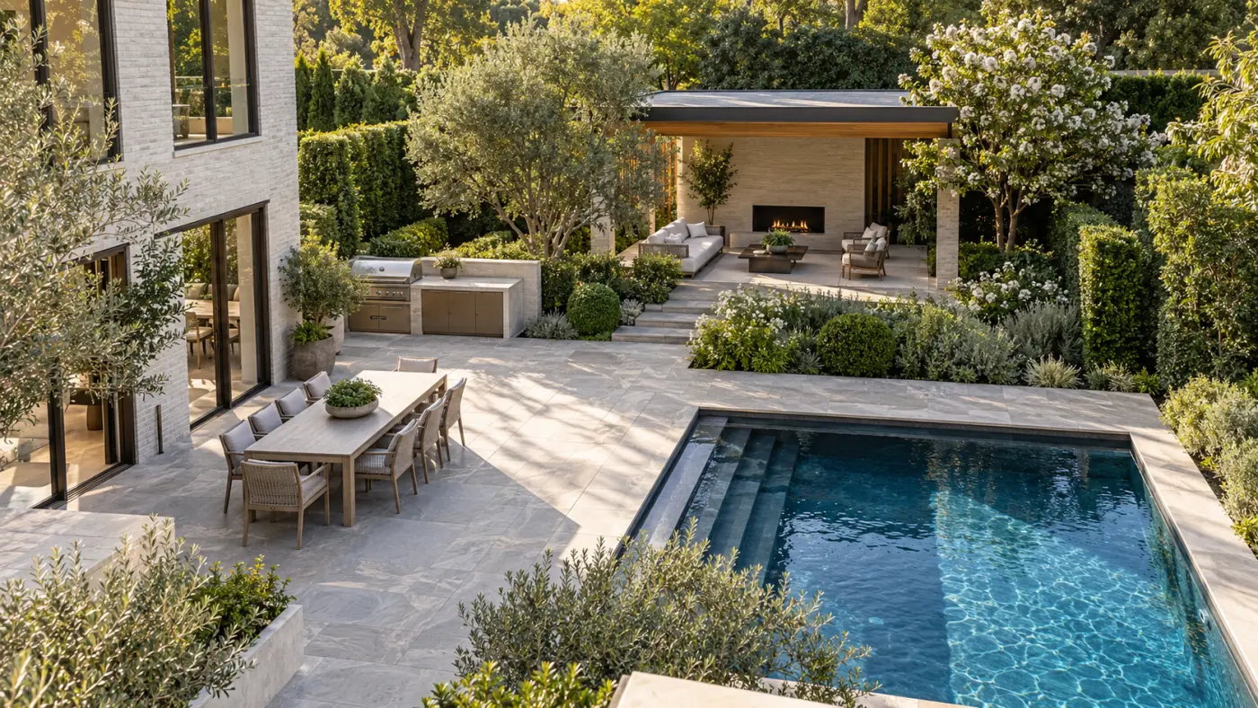 Backyard pool with stone decking, outdoor dining, a built-in grill and a covered fireplace lounge surrounded by lush privacy landscaping.