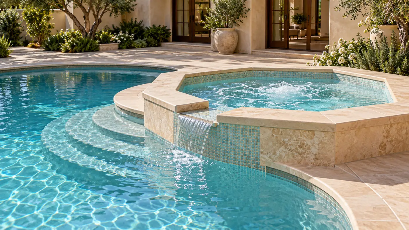 Custom inground swimming pool with stone decking, outdoor kitchen, built-in grill, covered fireplace lounge, and lush privacy landscaping, showcasing luxury backyard design in Brentwood.