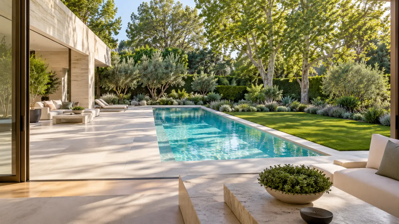 Luxury rectangular swimming pool design in Brentwood, Los Angeles, featuring natural stone decking, a spacious lawn, mature landscaping, and views from an open living room.