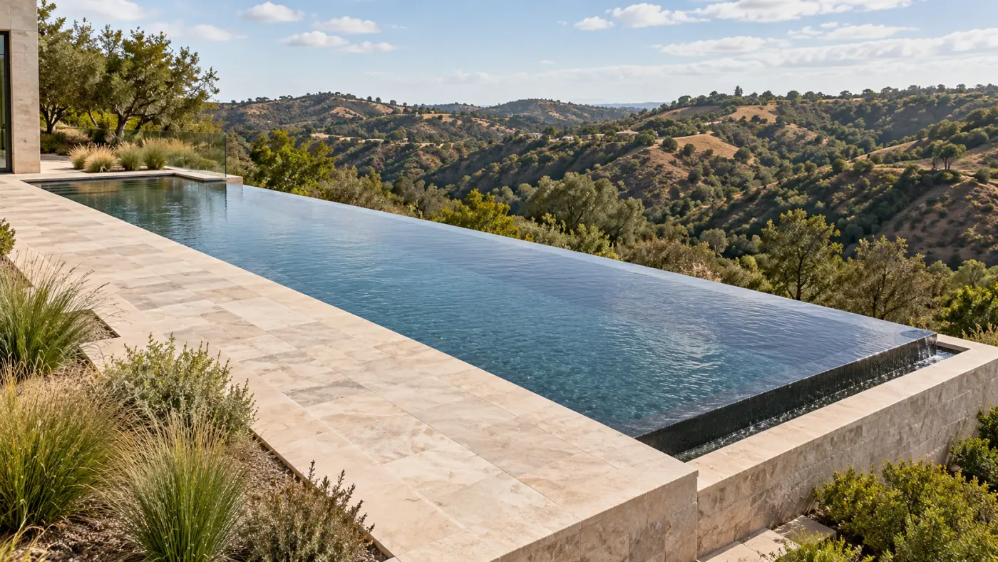 Hillside infinity pool with pale stone decking overlooking rolling, oak-covered canyon hills.