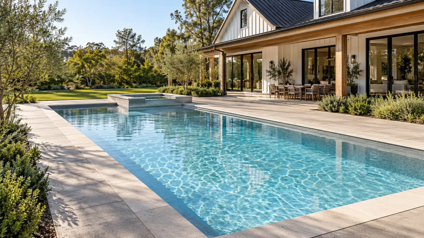 Rectangular pool with an attached square spa and pale decking beside a contemporary farmhouse.