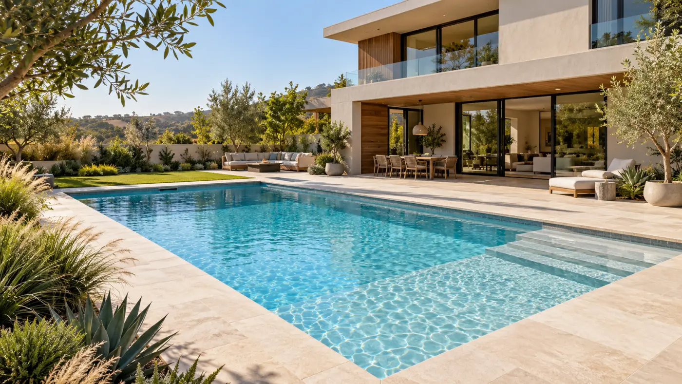 Contemporary inground swimming pool with wide entry steps, light stone decking, and landscaped seating areas, showcasing custom pool design for Carmel Valley homes.