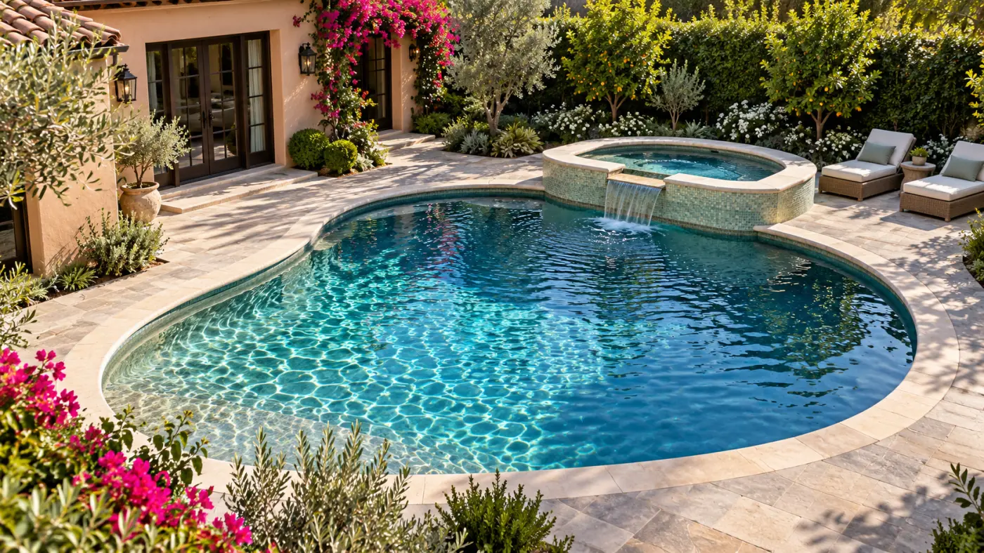 Curved courtyard swimming pool with a raised mosaic-tiled spa, natural stone decking, and flowering privacy gardens, illustrating pool and spa design in Carmel Valley, CA.